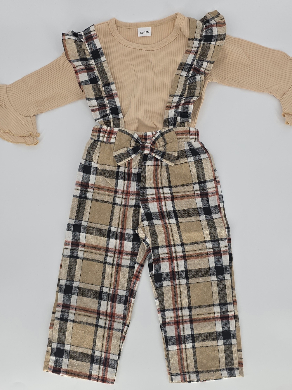 Infant Girls 2 Piece Beige Plaid Pants Set Size 12-18 Months